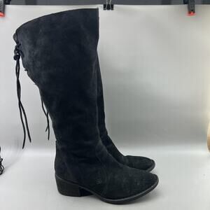 Born Riding Boots Women Size 10 Black Suede Knee High Zip Lace Block Heel Shoes